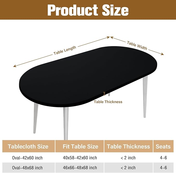 NEWISHER Fitted Oval Tablecloth 42 x 60 Inch Elastic Table Cloth, Stretch Spandex Table Cover Black Washable Polyester Top Cap Cover for Dining Picnic Camping Indoor and Outdoor