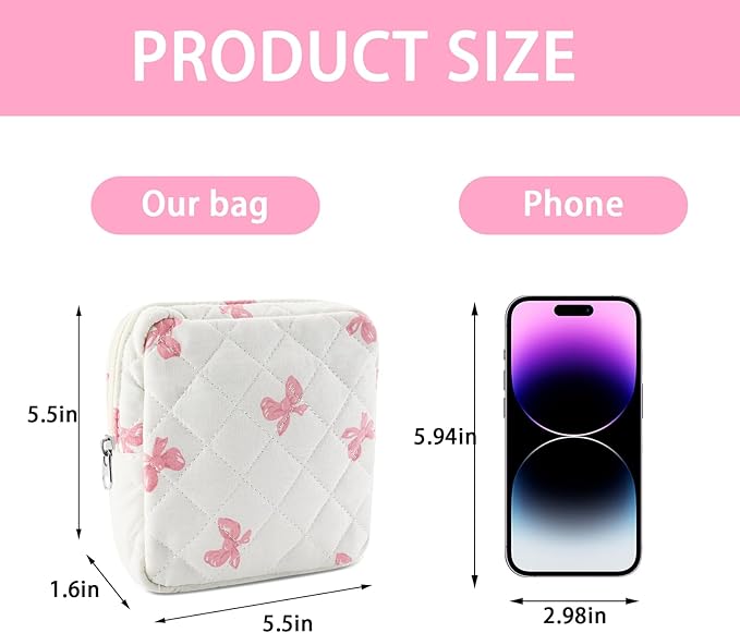 Small Quilted Cotton Makeup Bag for Purse Mini Cosmetic Period Bag for Women Cute Pink Bow Makeup Sanitary Pouch Portable Travel Toiletry Bags with Zipper Christmas Birthday Gifts