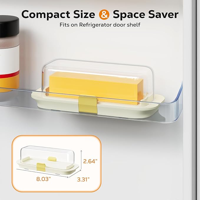 Butter Dish with Lid for Countertop and Refrigerator Door Shelf, Airtight Butter Keeper Container, Locking Butter Holder for East/West Coast Butter, BPA-free, Microwave/Dishwasher Safe