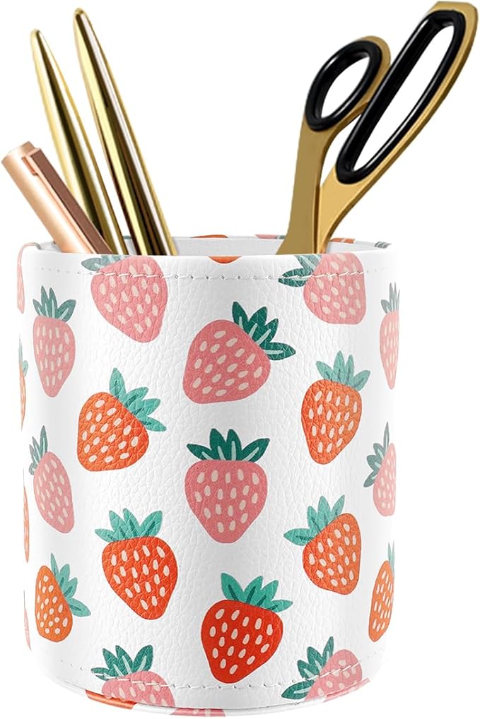 WAVEYU Pen Holder for Women Girls, Pencil Cup Pink Desk Decor, Makeup Brush Holder Large Pu Leather Multi-Functional Organizer Cup for Office, Classroom, Home, Strawberry