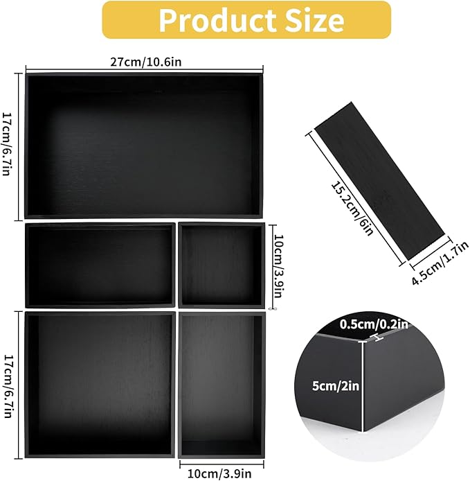 5PCS Bamboo Drawer Organizer Set with Adjustable Dividers,Stackable Kitchen Bathroom Office Desk Organizer Storage Box Container Trays for Utensils, Makeup, Silverware,Non-Slip Silicone Pads