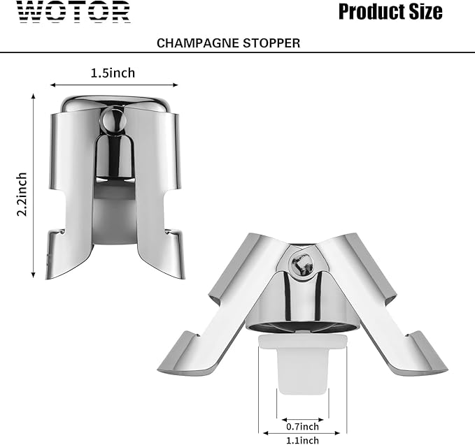 WOTOR Champagne Stoppers Stainless Steel, Prosecco Bottle Stopper with Food Grade Silicone, Reusable Champagne Cork & Saver, Leak proof Keep Fresh (Silver, 6 Pack)