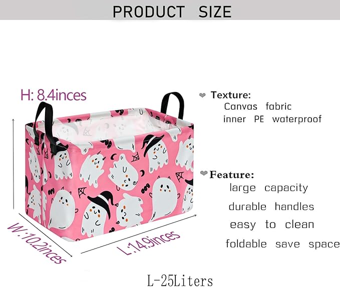 KUNRO Pink Ghost Pattern Storage Basket Gift Shelf Basket Storage Bin, Nursery Basket Organizer Box for With Handles for Room Deco