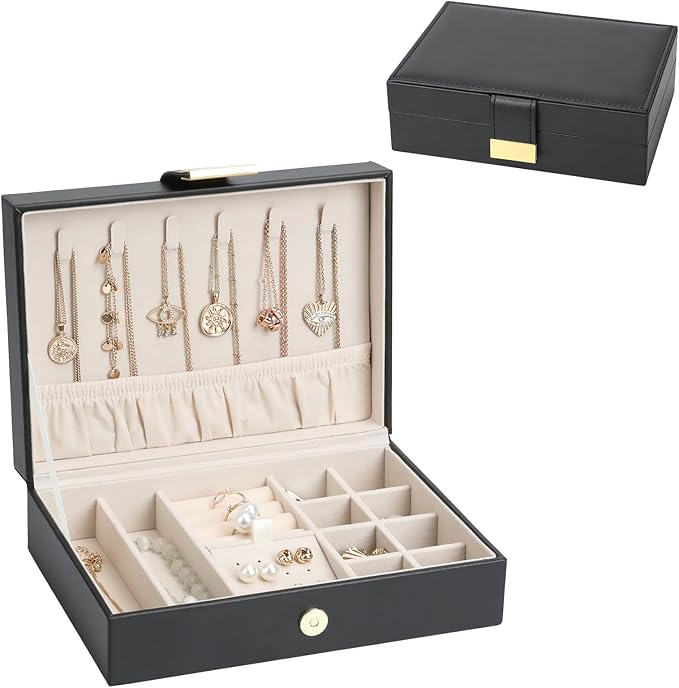 Jewelry Box Travel Jewelry Organizer Case for Women Portable Storage for Earrings, Necklaces, Rings, Bracelets Gift Box Black