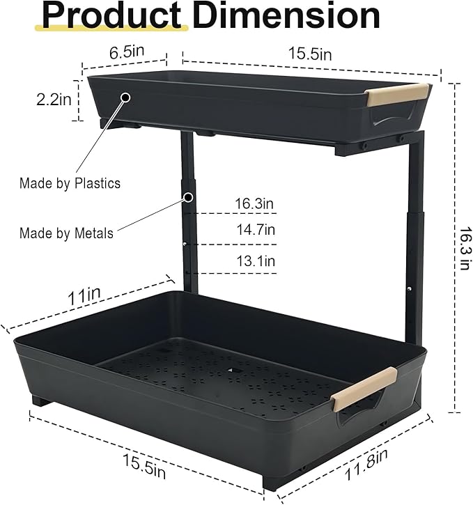 2 Pack Under Sink Organizer,2 Tier Pull Out Adjustable Height Under Cabinet Storage,Under Sink Storage for Kitchen Bathroom Cabinet