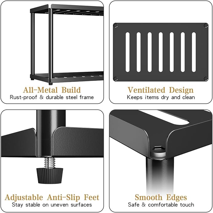 2 Tier Bathroom Counter Organizer, Rectangular Vanity Organizer Shelf, Skincare and Makeup Countertop Storage Rack for Kitchen, Bathroom, Bedroom, Black (Standard Version)