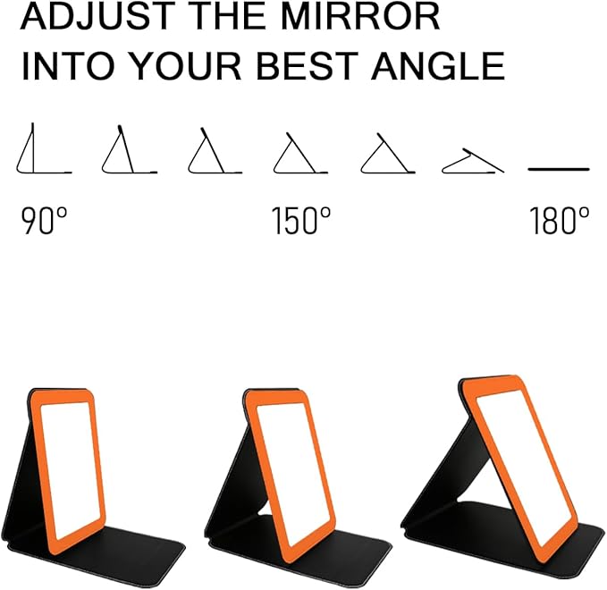Portable Mirror, Folding Travel Makeup Mirror Adjustable Stand for Desk Compact Personal Hand Mirror for Makeup, Shaving, Home, Camping, Office & On-The-Go (Orange)