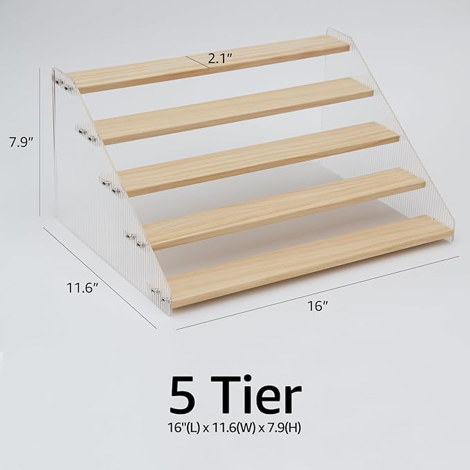 nianfeng 5-Tier Tiered Spice Rack, Spice Pantry Kitchen Cabinet Organizer, 16-Inch, Natural Wood Acrylic Stair Riser Stand, Countertop Seasoning Shelf
