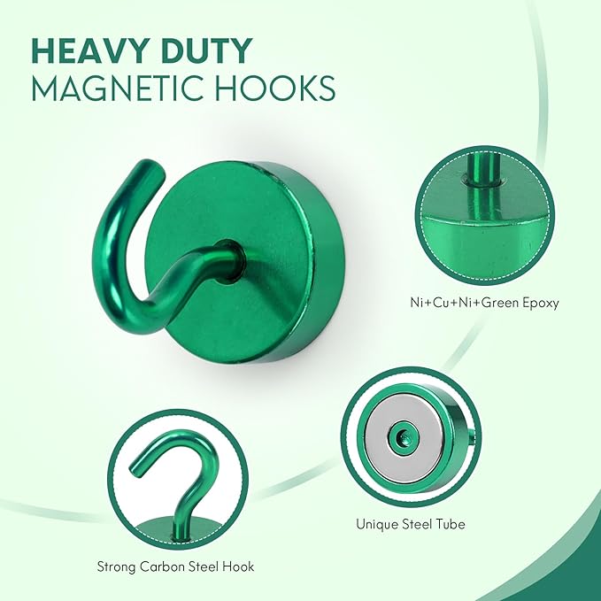 Neosmuk Magnetic Hooks, Cruise Ship Essentials, 40lb+ Heavy Duty Magnetic Hooks for Cruise Cabins, Refrigerator, Grill, Hanging, and Travel | Extra Strong Must-Have Magnet Hook, Green, Pack of 20