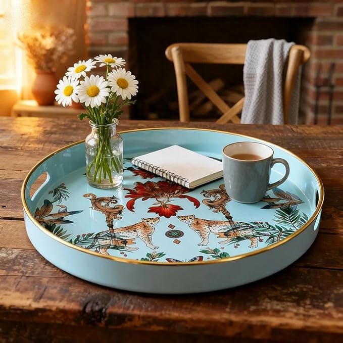 Zosenley Round Decorative Tray, 13 Inch Plastic Serving Tray with Handles, Leopard Style Vanity Organizer for Ottoman, Coffee Table, Kitchen, Bathroom (Blue)