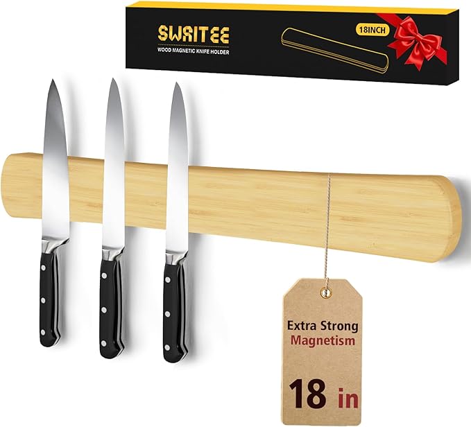 Magnetic Knife Holder for Wall, 18 Inch Large Bamboo Knife Magnetic Strip, Housewarming Gifts for New Home, Kitchen Wall Storage Space Savers, Farmhouse Kitchen Utensil Organizer Essentials