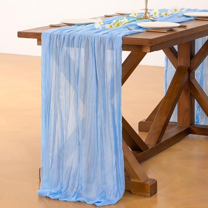 Socomi 10pcs Blue Summer Cheesecloth Table Runner Light Blue Boho Rustic Gauze 120 inch 10FT Cheese Cloth Sheer Runner for Wedding Party Baby Shower Birthday Home Decor Holiday Decorations