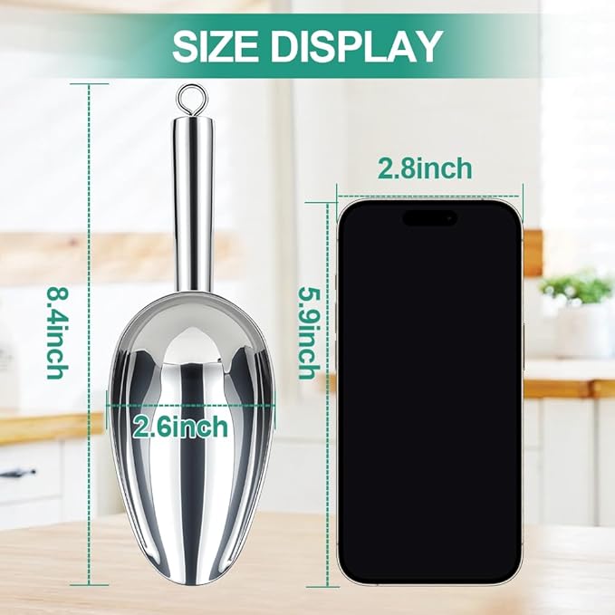6 Oz Upgraded & Thickened Stainless Steel Ice Scoop, Kitchen Scooper for Ice Maker, Freezer, Bucket, Bar, Wedding, Pet Food - Sturdy, Rust-Resistant, Dishwasher-Safe