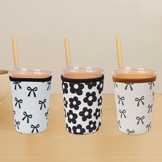 Reusable Insulated Neoprene Iced Coffee Cup Sleeve, Durable Drink Sleeve for Cold Beverages, Beverage Holder for Iced Coffee, Black Bow