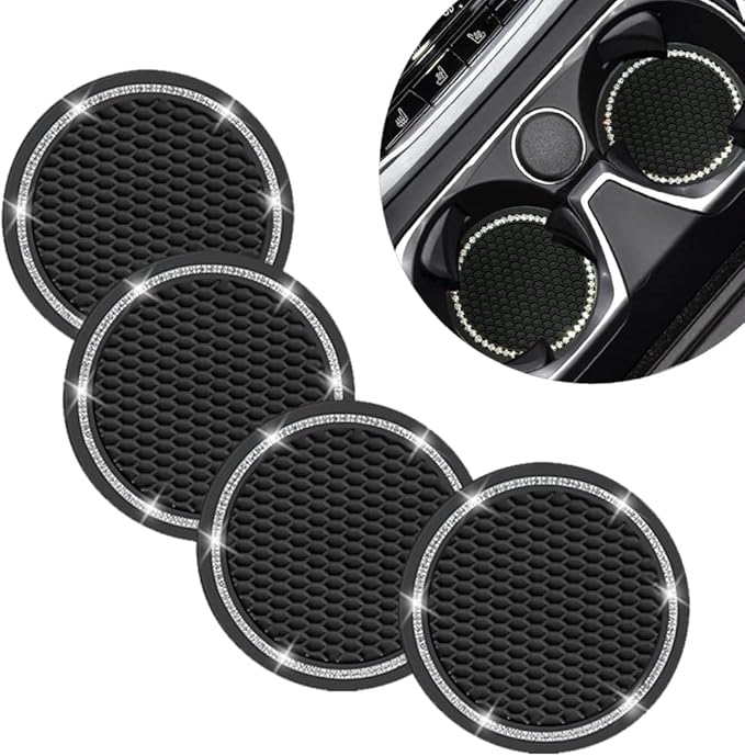 Car Coasters for Cup Holders, 2.75 Inch Auto Cup Holder Insert Coasters Silicone Anti-Slip Crystal Rhinestone Cute Drink Car Cup Mat, 4PCS Bling Car Accessories for Women & Lady (Black)