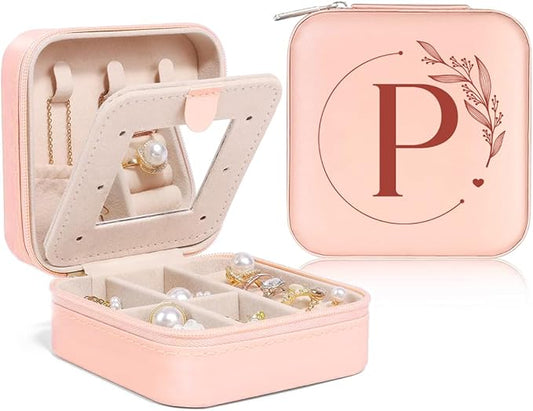 SANDJEST Personalized Jewelry Box, Pink Small Travel Jewelry Box with Initial P, Monogrammed Jewelry Case Organizer for Girls Women Teen, Mini Travel Essentials Gifts for Christmas Birthday