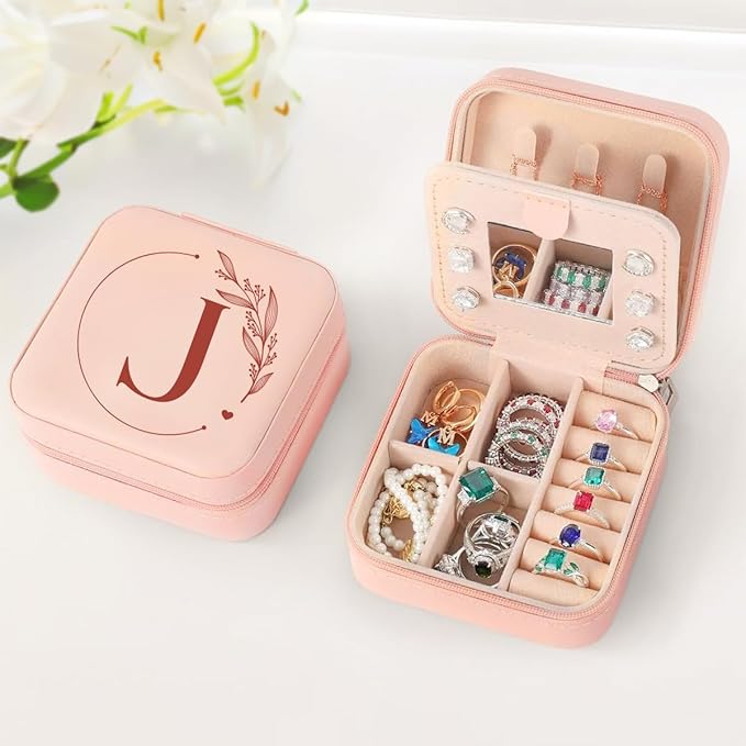 SANDJEST Personalized Jewelry Box, Pink Small Travel Jewelry Box with Initial J, Monogrammed Jewelry Case Organizer for Girls Women Teen, Mini Travel Essentials Gifts for Christmas Birthday