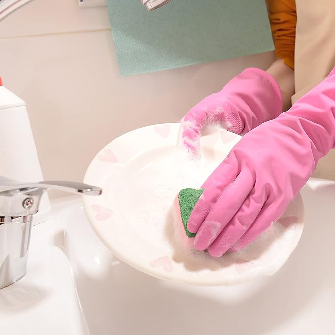 Bamllum Rubber Kitchen Dishwashing Gloves - 4 Pairs Colorful Reusable Household Cleaning Gloves for Washing Dishes and Cleaning Tasks, Flexible Long-lasting and Non-Slip (Large, Blue+Pink+Yellow+Red)