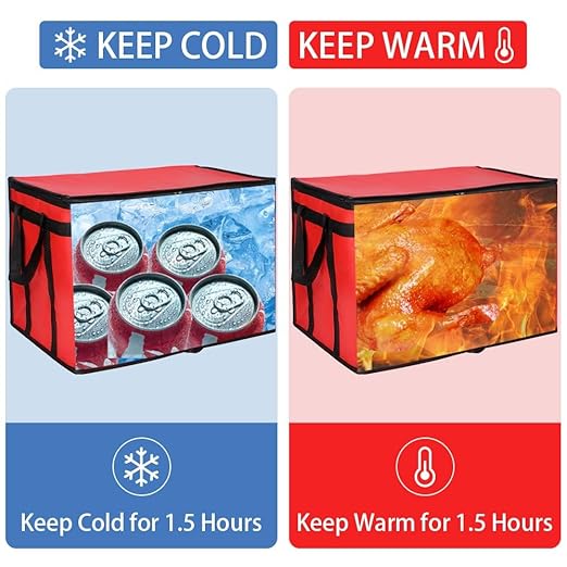 Insulated Food Delivery Bag with Hard Bottom, XXX-Large Insulated Reusable Grocery Cooler/Hot Bags, Tote Bag for Shopping/Travel, Red, 3-Pack