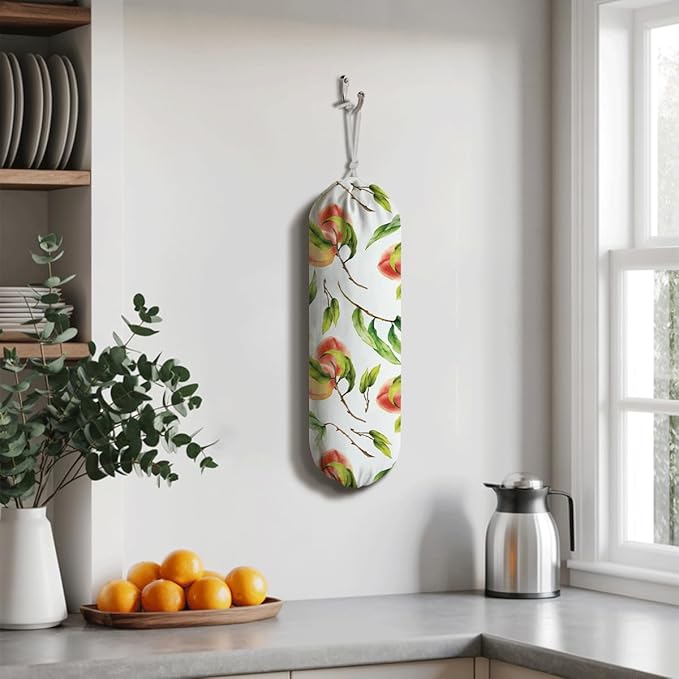 Peach Plastic Bag Holder, Canvas Grocery Bags Organizer for Home Kitchen Pantry, Plastic Bags Storage Container Dispensers, Home Kitchens Decor Gifts, Kitchen Pattern Garbage Bag 49