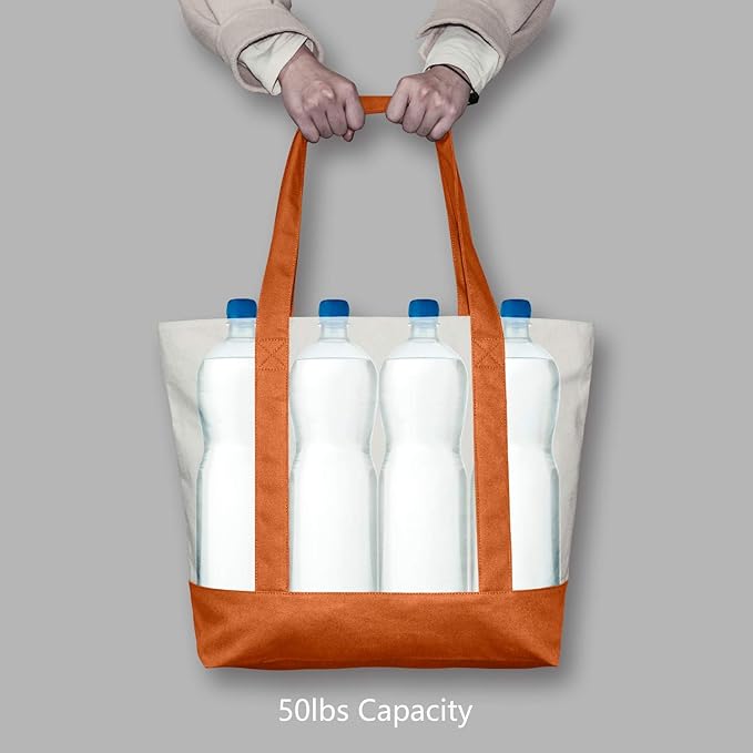TOPDesign 3-Pack Canvas Tote Bags with an External Pocket, Reusable Grocery Shopping Bags, Top Zipper Closure, Daily Essentials (Orange/Natural)