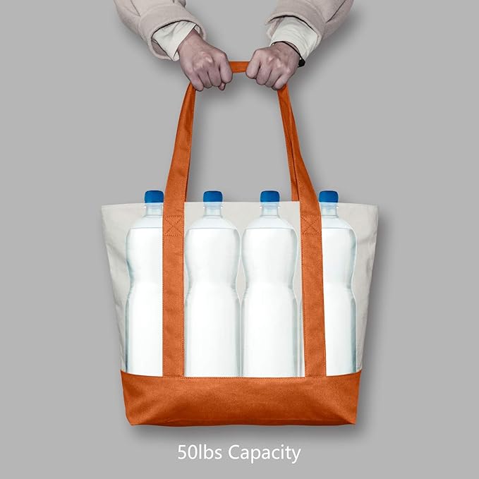 TOPDesign 1-Pack Canvas Tote Bag with an External Pocket, Reusable Grocery Shopping Bag, Top Zipper Closure, Daily Essentials (Orange/Natural)