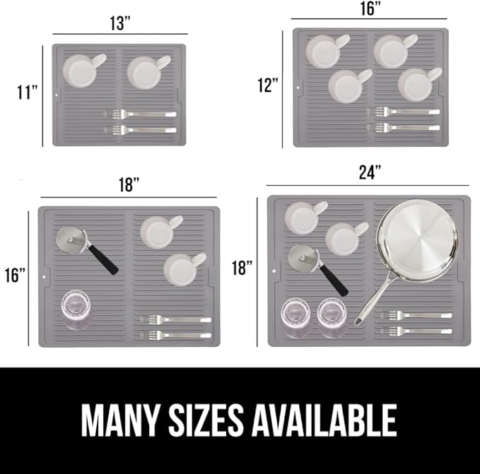 GORILLA GRIP 100% BPA-Free Patented Silicone Dish Drying Mat for Kitchen Counter, Water Catching Ribbed Design, Easy Clean Waterproof Sink Liner, Heat Resistant, Fits Under Rack, 11x13 Inch, Gray