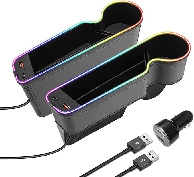 keketuohai 7 Color Led Car Seat Gap Organizer with Type C USB Multifunctional Console Side Gap Organizer with 56W Fast Charger Car Front Seat Gap Filler with Ambient Lamp for Andriod iPhone (Grey)