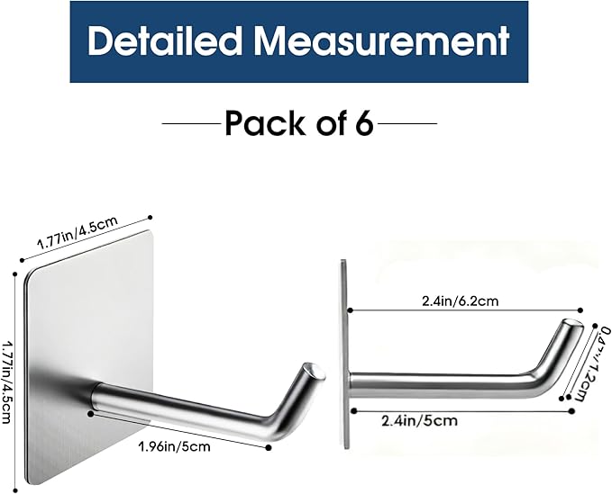 Hawsam 6 Pack Self Adhesive Wall Hooks for Hanging Heavy Duty 44LB/20kg(Max) Adhesive Towel Hooks for Bathroom Silver Towel Robe Coat Hook 304 Stainless Steel Sticky Hooks for Hanging Shaver,Hat