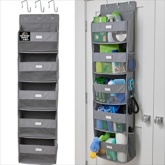 GORILLA GRIP Large Capacity Closet Organizer, 5 Deep Shelves, Holds 50lbs, Over The Door Organizers 6 Mesh Pockets, Shelf Storage for Clothes Crafts Dorm Essentials, 3 Metal Hooks, 58x15 Inches, Gray