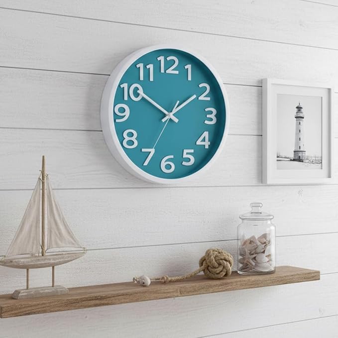 10 Inch Silent Wall Clock with Big Numbers – Aqua Coastal Decor for Kitchen, Bathroom, Bedroom – Easy-to-Read Non-Ticking Modern Analog Clock