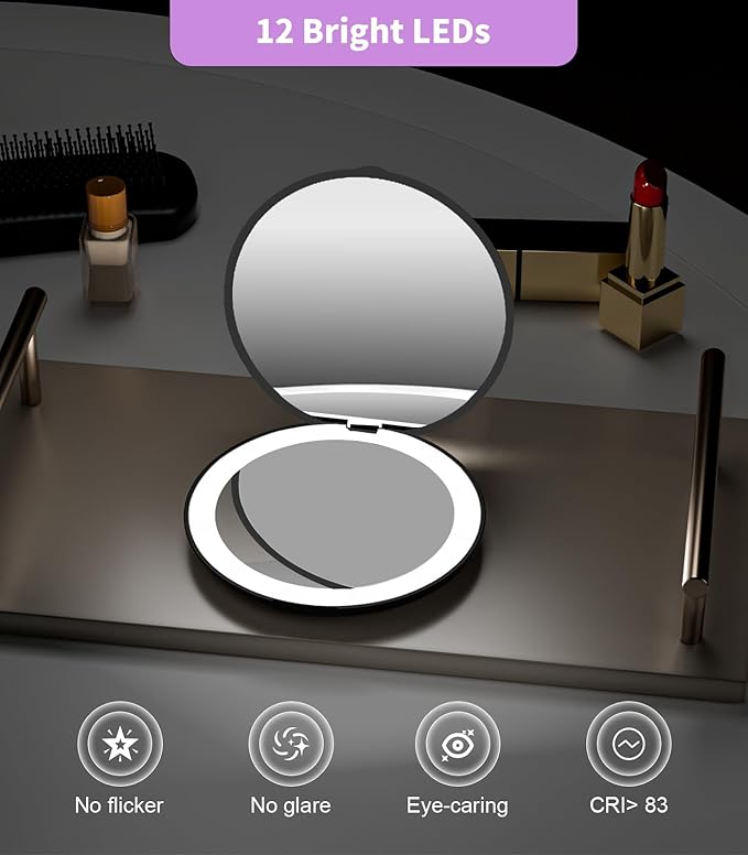 WOBSION Travel Compact Mirror,Portable 1x/10x LED Makeup Mirror with Magnification,Handheld 2-Sided Pocket Mirror, 3.5in Small Mirror for Purse,Handbag,Gift,Black