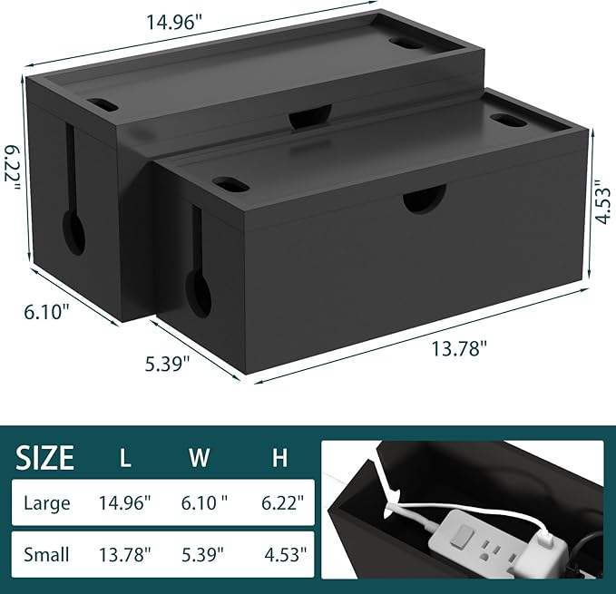 Bamboo Cable Management Box, Large Cord Organizer Box Cable Box to Hide Wires & Power Strips for Desktop Storage Cord Holder for Office Home, No Assembly Required (All Black, 2 Packs(M+L))