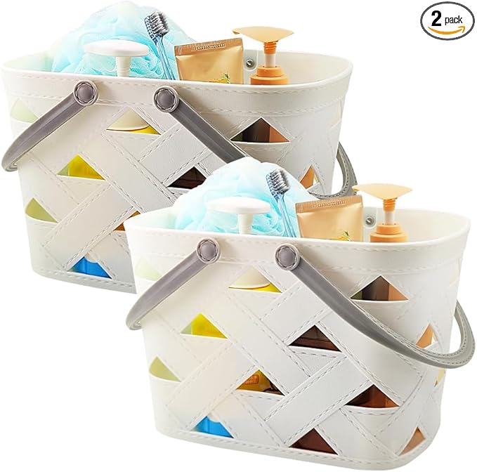Portable Shower Caddy 2 Pack, Tote Plastic Storage Basket with Handle Shelf Organizers Bin for Bathroom, College Dorm, Kitchen, Garden, Camping, Cleaning Supplies (White 2 pcs)