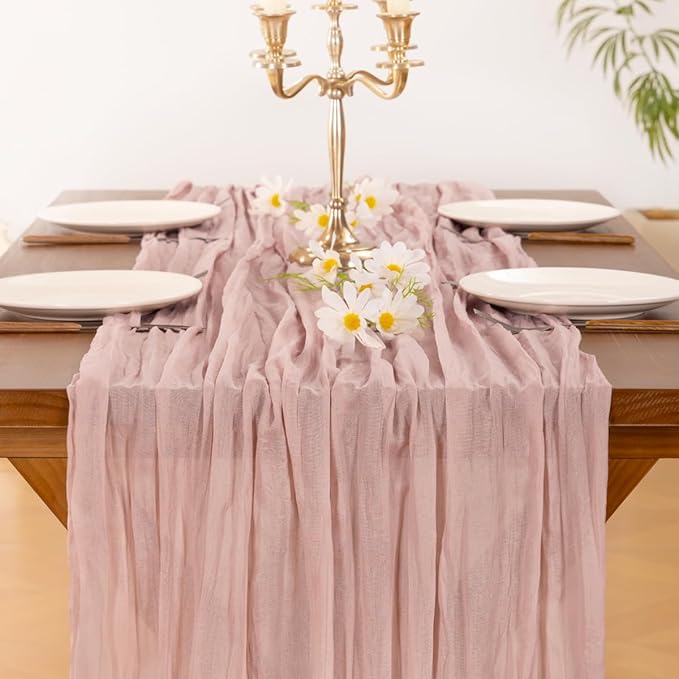 Socomi 2pcs Pink Cheesecloth Table Runner Summer Boho Rustic Gauze Dusty Pink Farmhouse 120 inch 10FT Cheese Cloth Sheer Runner for Wedding Party Baby Shower Birthday Home Decor