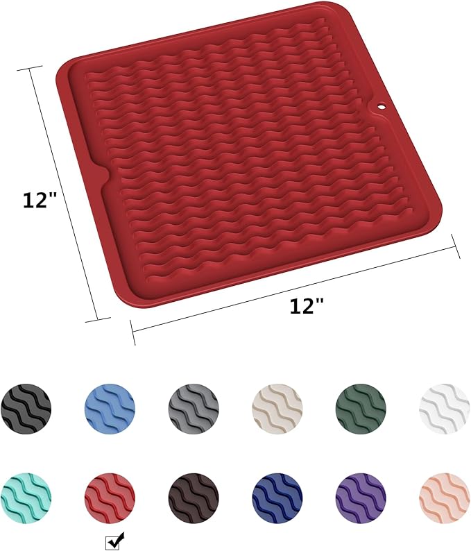 ZLR Silicone Dish Drying Mat for Kitchen Counter, Eco-Friendly Fast Dry Dish Mat, Easy Clean Multi Usage Drying Matt, Heat Resistant Trivet, 12" x 12" Middle, Lave Red