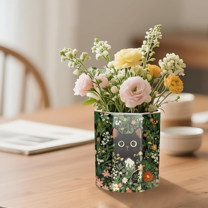 WAVEYU Pen Holder, Pencil Cup for Desk, Cute Desk Organizer, Durable Ceramic Decorative Makeup Brush Desktop Accessories, Stylish Stationery for Office, Home, Cute Cat Pattern