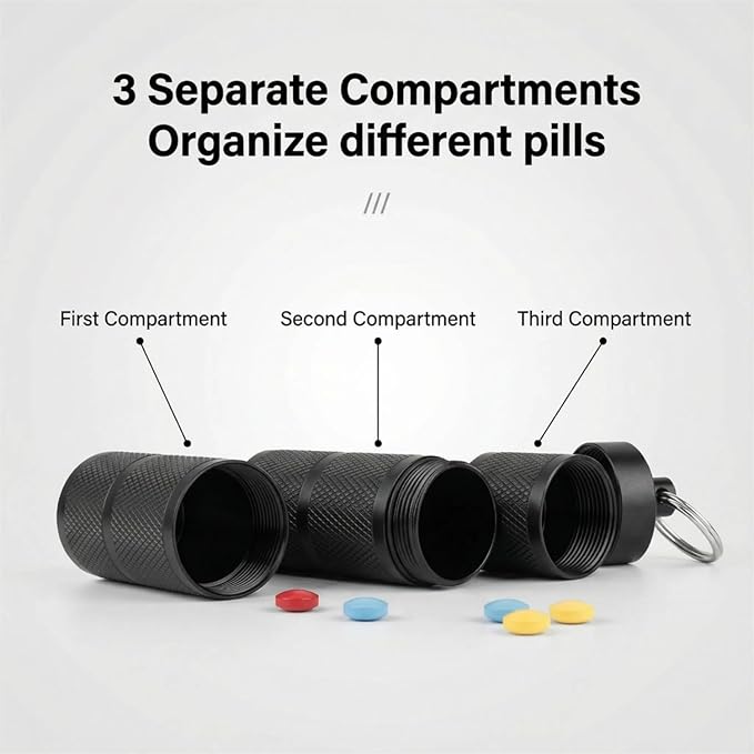 Waterproof Keychain Pill Holder - Compact, Portable, and Secure Pill Box with 3 Compartments - Pocket-Sized Pill Case and Container for Daily Medication on The Go, Black