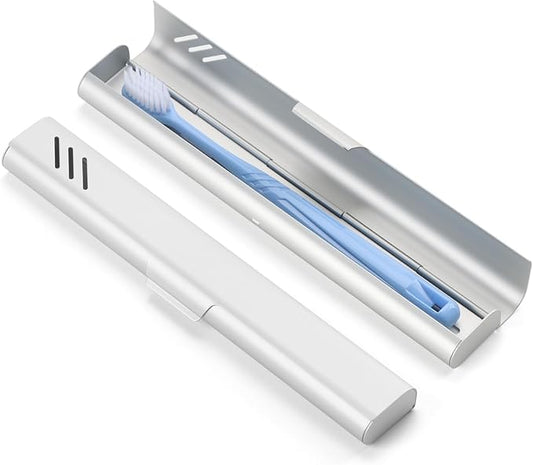 Travel Toothbrush Case, Portable Toothbrush Holder, Durable Aluminum Toothbrush Storage Box, Small Breathable Manual Toothbrush Container for Traveling, School, Camping, Business Trip - Sliver