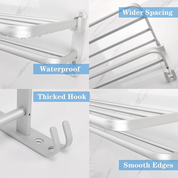 Towel Rack for Bathroom, Bath Towel Holder with Double Towel Bar and Foldable Towel Shelf, Rustproof Towel Organizer Wall Mounted Towel Storage Hanger for Bath/Balcony/Lavatory (16In Silver)