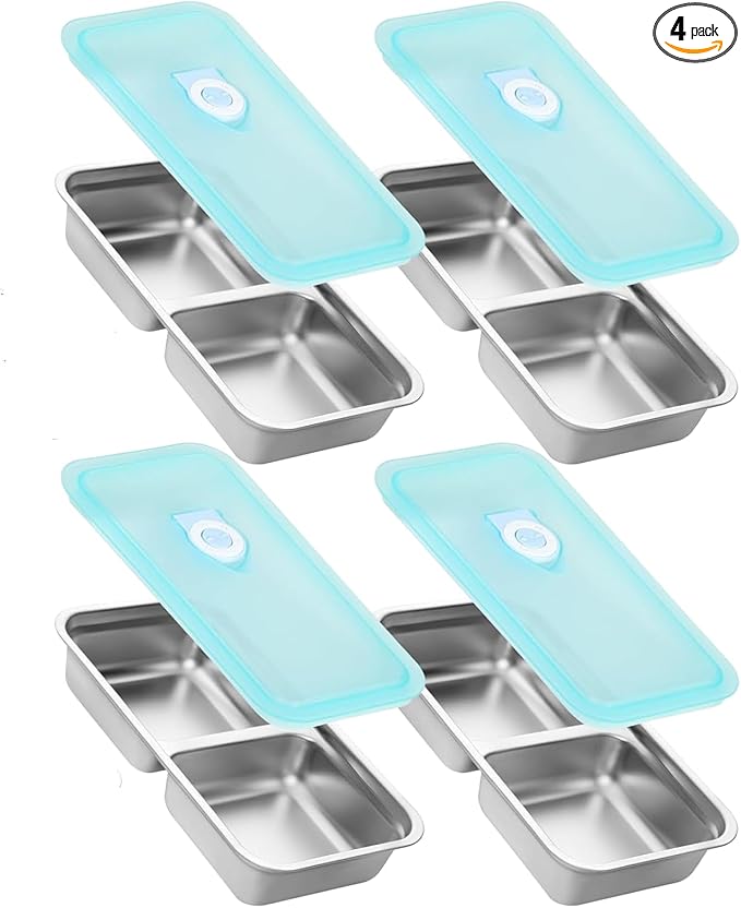 4-Pack Stainless Steel Snack Containers with Lids Reusable Double Compartment Food Storage for Meal Prep, Lunch & On-the-Go; Ideal for Snacks, Condiments, Dips at Office, School, Travel & Outdoor