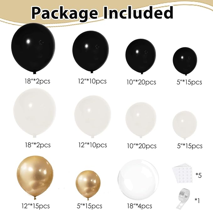 Black and White Sand Balloons Arch Kit, 128pcs Matte Black White Cream Balloons Garland Kit with Chrome Gold Clear Balloons for Birthday Party Graduation Wedding New Year Eve Decorations