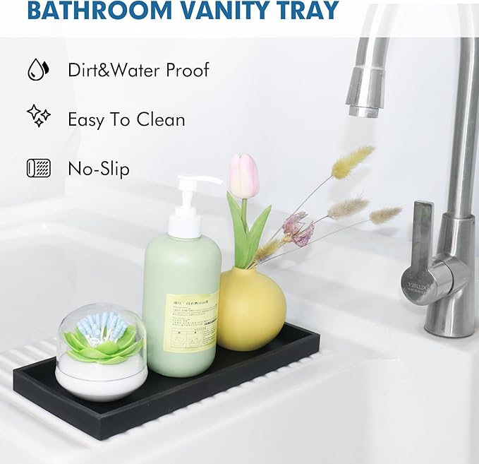 Bloss Small Bathroom Vanity Tray with Soap Dish, 8 x 4 inch Silicone Kitchen Soap Tray,Bathroom Counter Trays Organizer for Candle Perfume Jewelry Key, Black