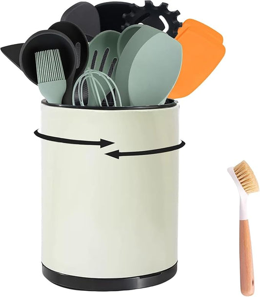 Kitchen Utensil Holder - 360° Rotating Stainless Steel Countertop Organizer for Spoons, Spatulas & Cutlery Storage, Cooking Silverware Caddy with Removable Base, Beige