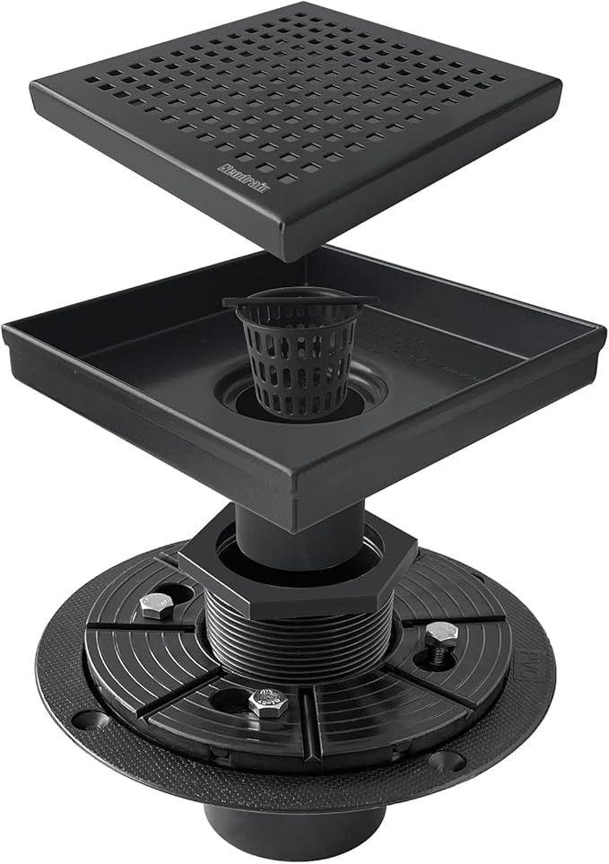 Neodrain 6-Inch Black Shower Drain, Square Drains with Removable Quadrato Pattern Cover, 304 Stainless Steel, Shower Drain Kits with PVC Base&Hair Catcher Strainer, Shiny Black