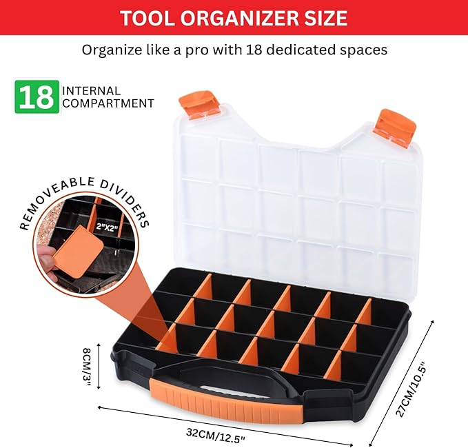 Andalus Tools Organizer Box, Small Parts Storage 18-Compartment Portable Hardware Organizer Removable Plastic Dividers for Screws, Nuts, Bolts, Nails – Orange (1 Pack, 12.5" x 10.5" x 3")