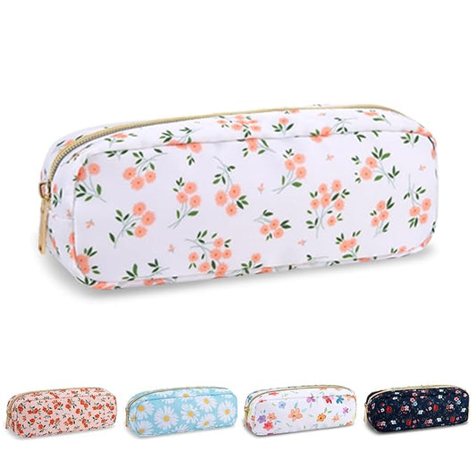 Waterproof Small Floral Pencil Case Makeup Bag for Purse,Cute Flower Pencil Pouch Preppy Nylon Makeup Brush Holder with Zipper,Girls Portable Storage Case Small Pen Bag for Work(Slim White-Flowers)