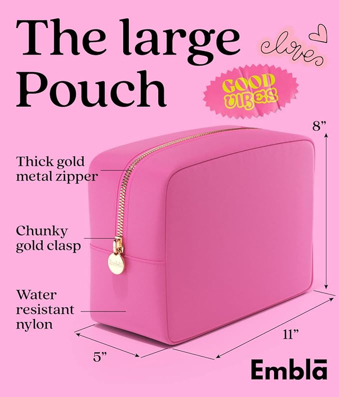 Embla Makeup Bag Travel Cosmetics Pouch and Toiletry Bag, Nylon Zipper Pouch Purse, Cute Make Up Organizer Storage Tote for Women Girls, Travel Skincare Case, Large Makeup Bags, Bubblegum