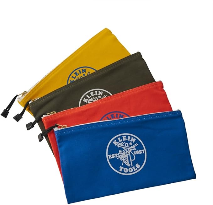 Klein Tools 5140 Canvas Zipper Bag, Tool Pouch, Bank Deposit Utility Bag, 12.5 x 7-Inch, Olive/Orange/Blue/Yellow 4-Pack