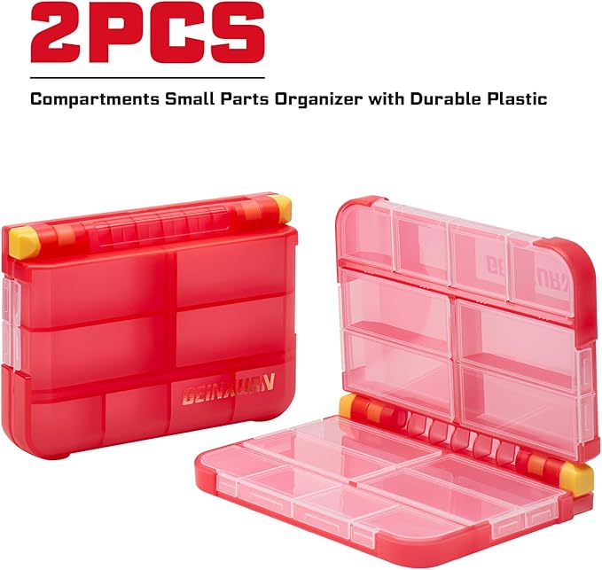 Small Storage Parts Organizer, 2Pcs Red Portable Plastic Box with Dividers, Double-sided Storage 16 Compartment Screwdriver Bit Set Box